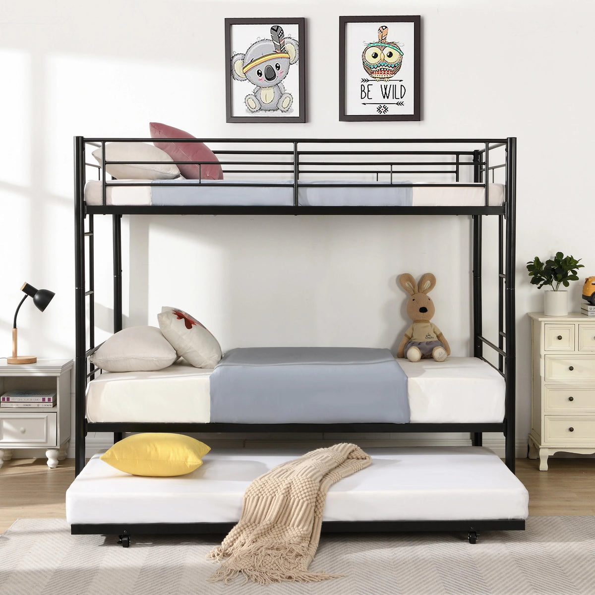 Black Twin Over Twin Metal Bunk Bed with Trundle and Safety Rails V8937