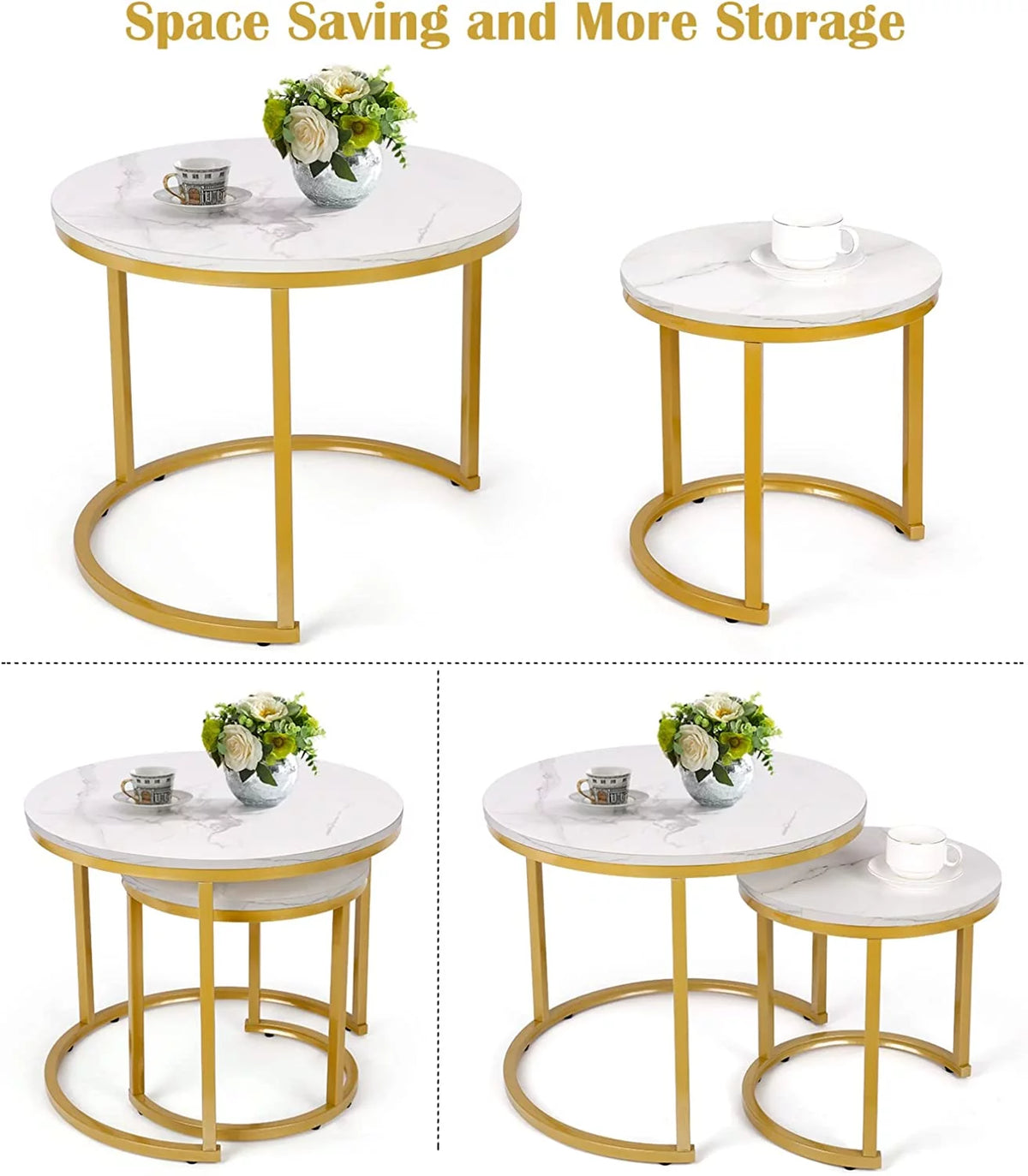 Small Round Coffee Table Set of 2 White Marble T7749