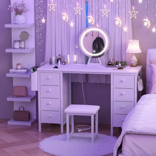 White Vanity Desk with Mirror and Light, Chair, Storage, 8 Fabric Drawers Q8271