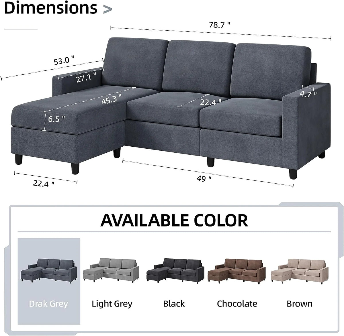 Dark Grey L-Shaped Convertible Sectional Sofa A2500