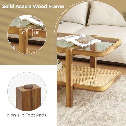 47.5" Rectangle Solid Wood Coffee Table with Tempered Glass Tabletop T3752