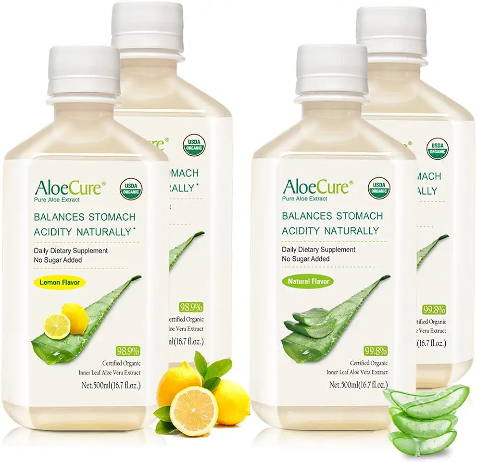 Organic Aloe Vera Juice 4 Bottle Sample Pack Lemon & Natural Flavor 4x500ml R97394