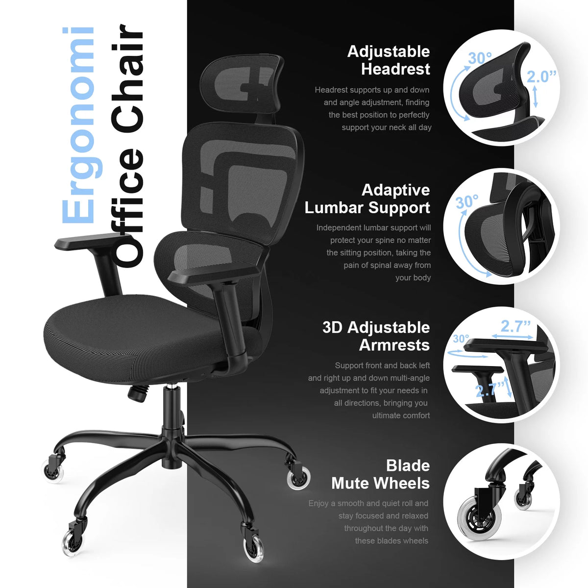 Black Ergonomic Mesh Office Chair with Lumbar Support and Wheels D234