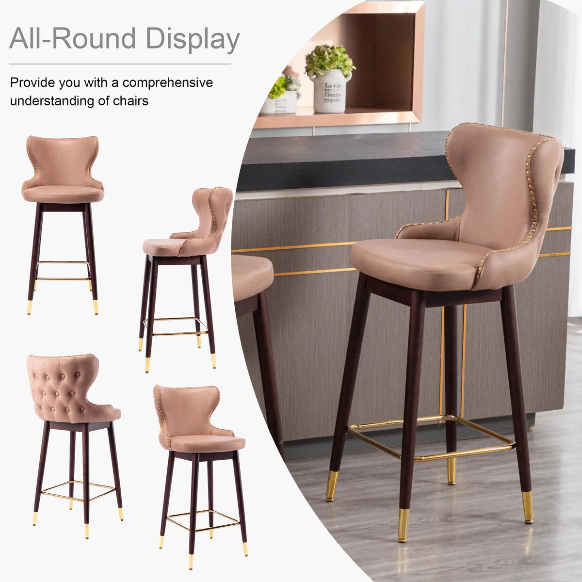 Leather Fabric Upholstered Bar Stools with Backs and Solid Wood Legs, Set of 2 E213089