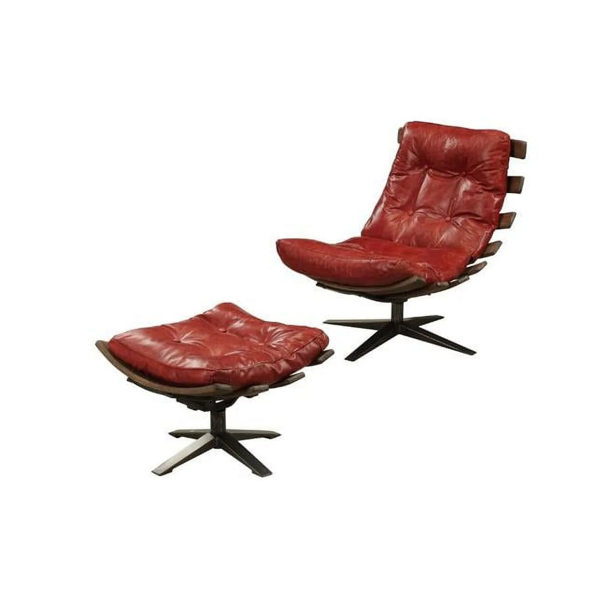 Red Brown Top Grain Leather Tufted Swivel Lounge Chair with Ottoman V804