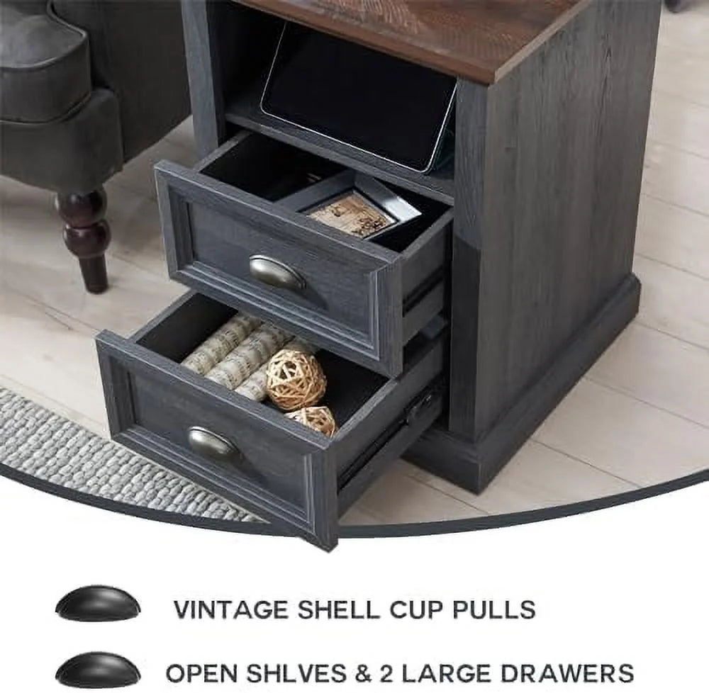 Dark Grey 2 Drawer Wood Nightstand with Charging Station F3279