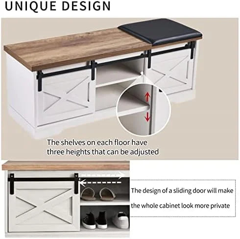 42” Rustic Solid Wood Shoe Bench with Linen Cushion R243736