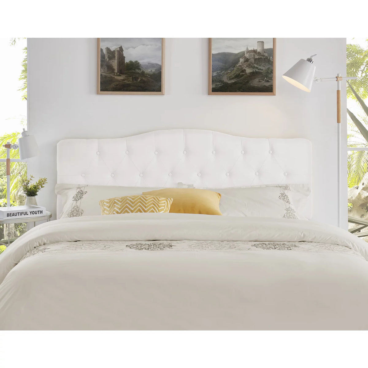 White Linen Upholstered Button Tufted Queen Headboard Z9153