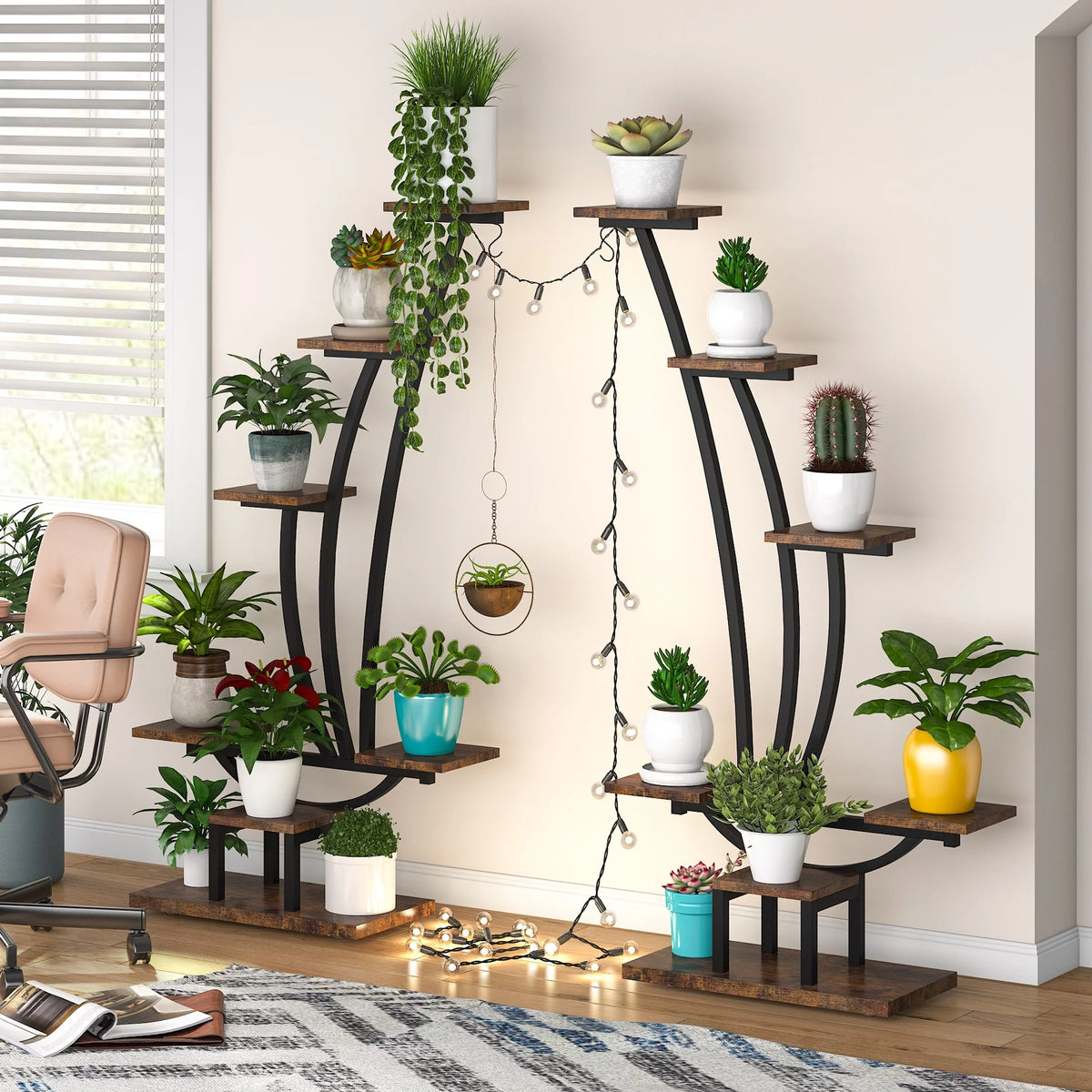 Brown Wood 6-Tier Plant Stand with Hooks J4404