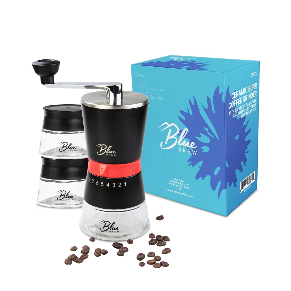 Manual Coffee Grinder with Conical Ceramic Burrs and 2 Airtight Glass Jars L8055