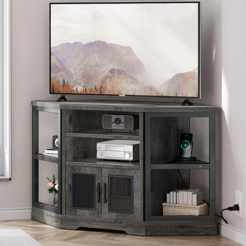 Corner TV Stand up to 55 Inch with Power Outlet, Gray Oak Z283838