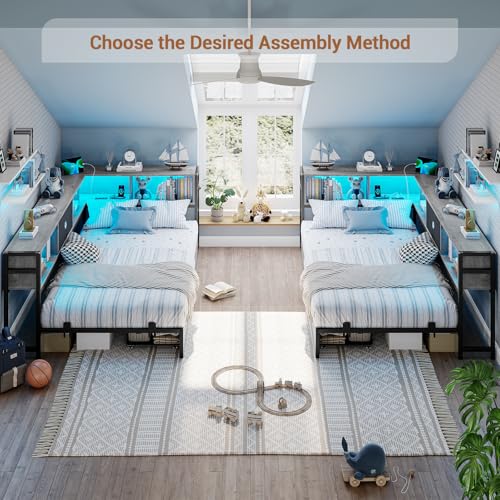 Black & Gray Twin Size Corner Bed Frame with Storage U4405