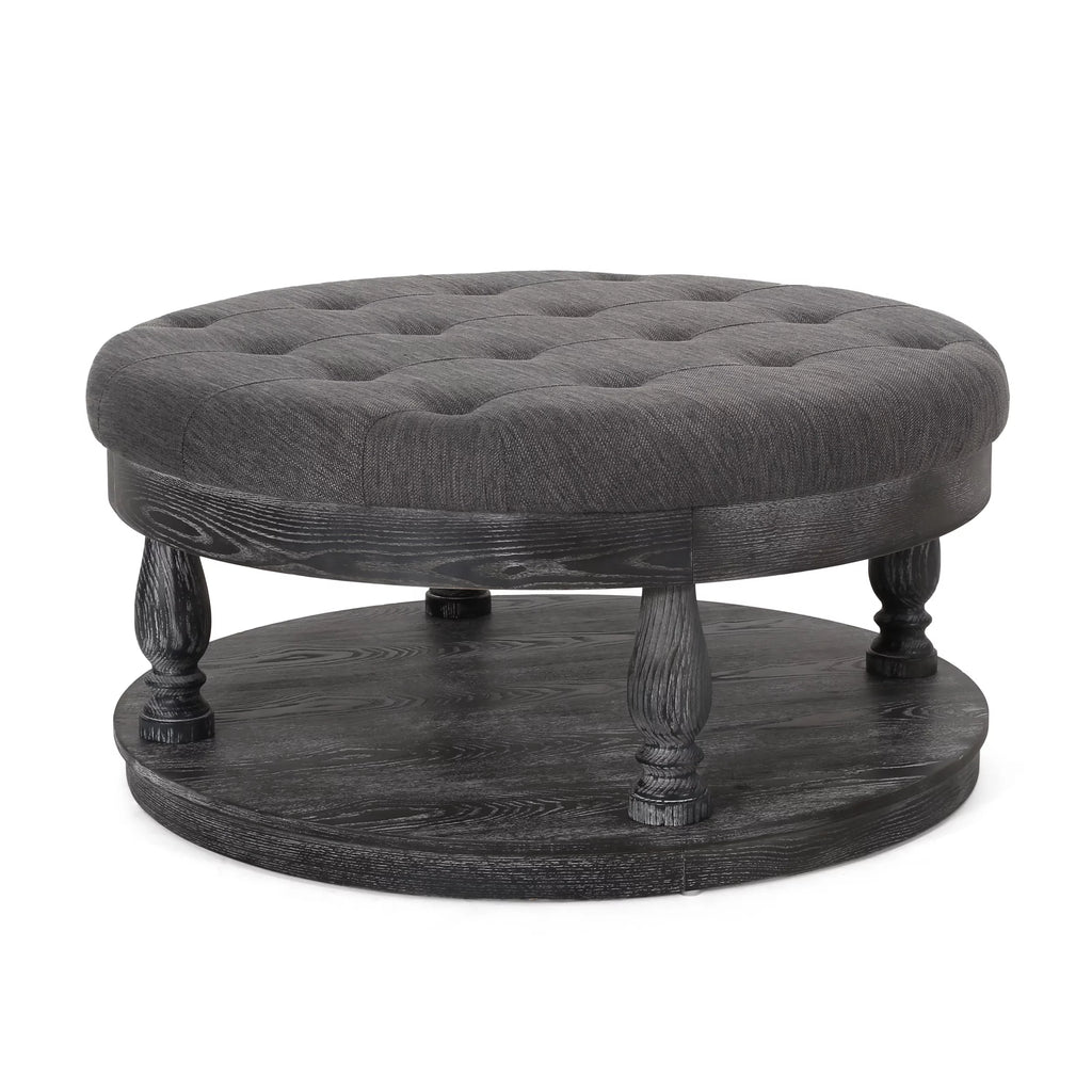 Charcoal Gray Fabric and Wood Ottoman X664