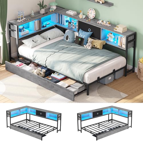 Black & Gray Twin Size Corner Bed Frame with Storage U4405