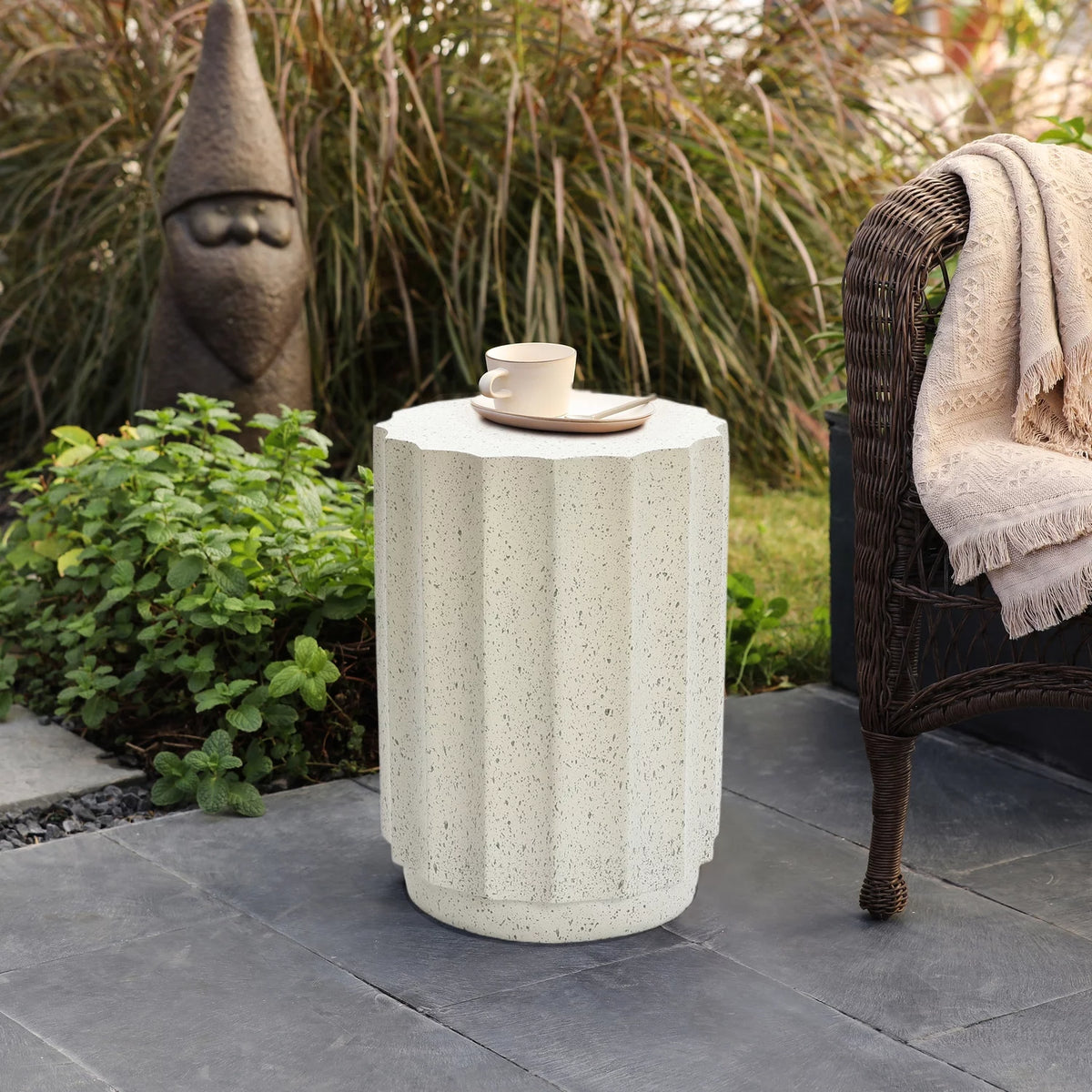 Off White Gray Cement Fluted Round Side Table V95783