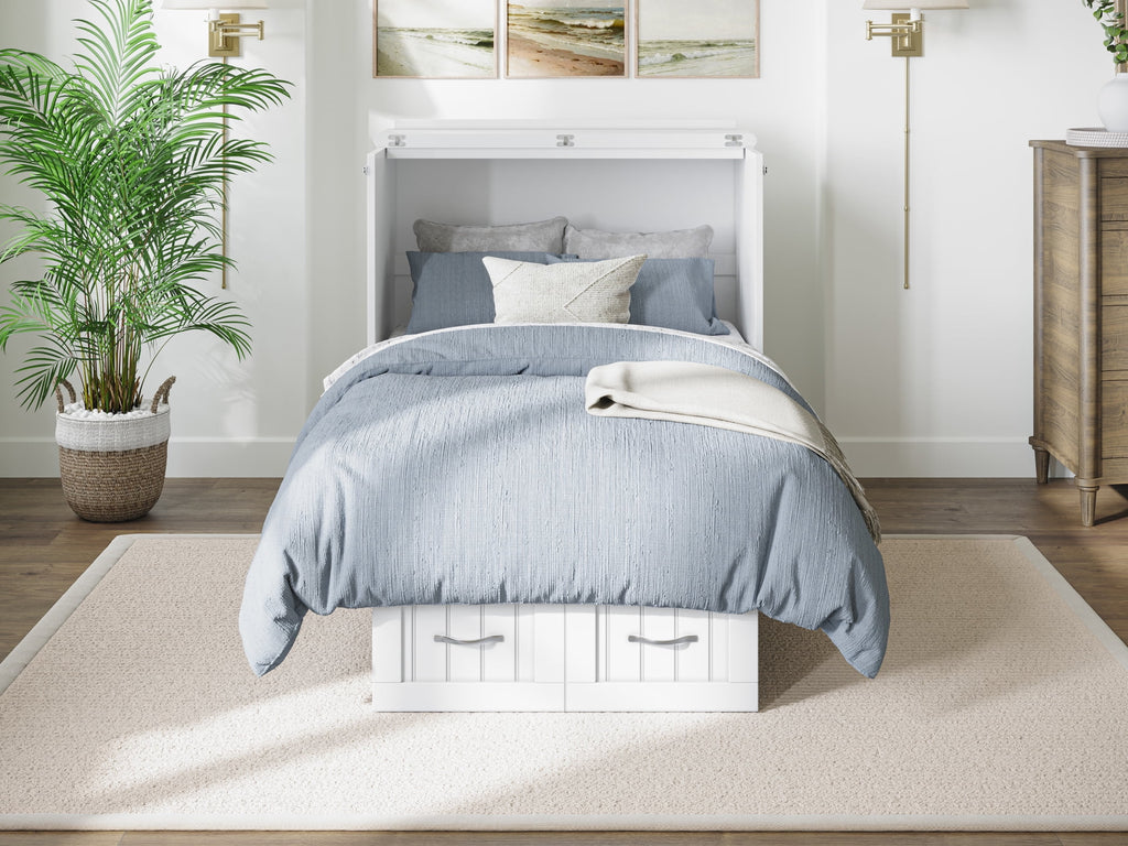 White Twin Solid Wood Murphy Bed Chest with Mattress F28062