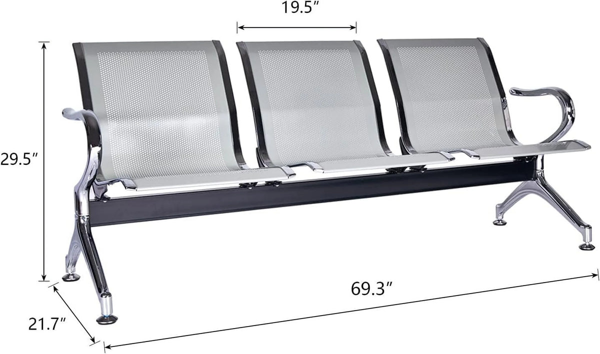 Waiting Room Reception Chairs with Arms, 3 Seats, Silver O39371