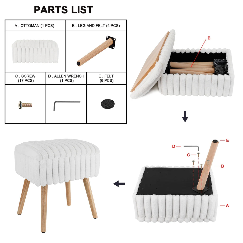 White Storage Ottoman Footstool with 4 Wood Legs X557226