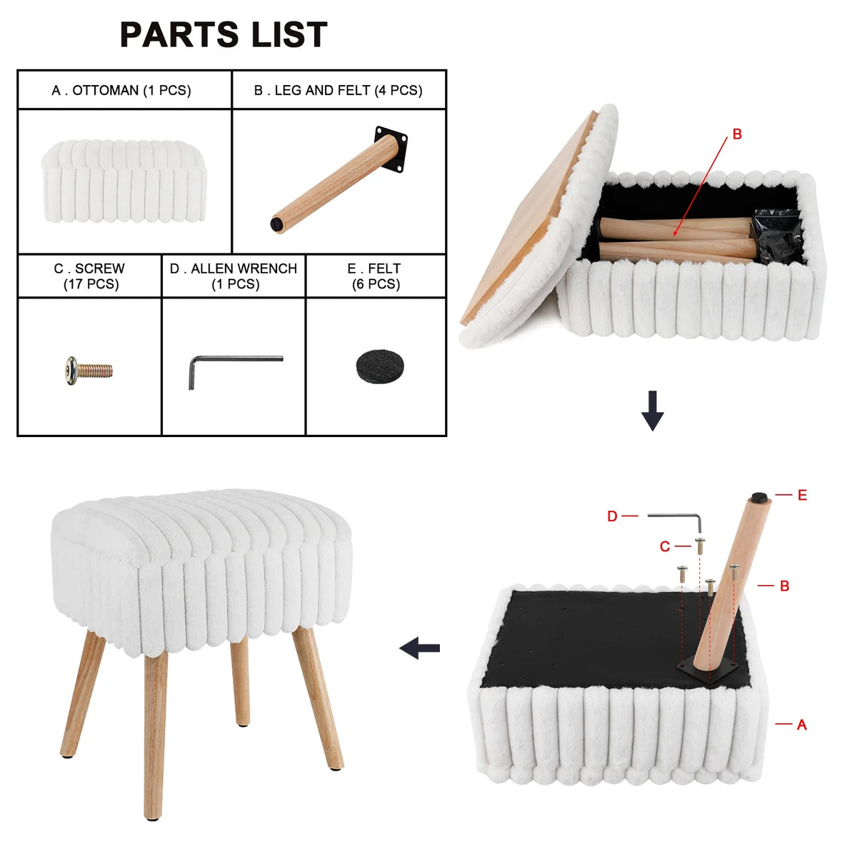 White Storage Ottoman Footstool with 4 Wood Legs X557226