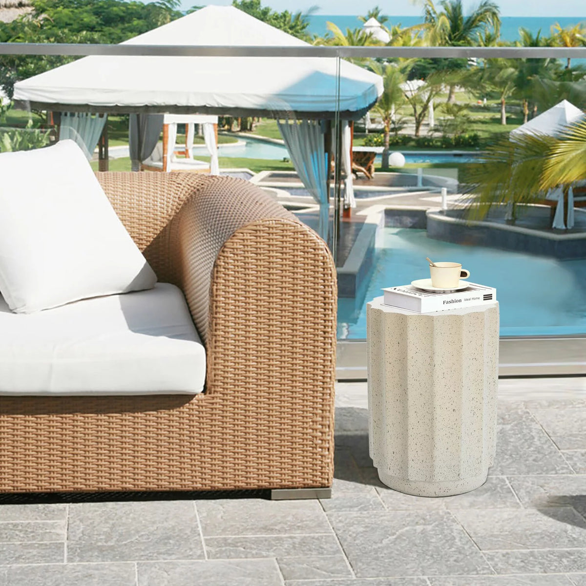 Off White Gray Cement Fluted Round Side Table V95783