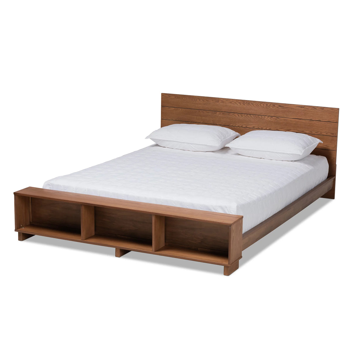 Ash Walnut Brown Wood Full Size Platform Storage Bed with Built-In Shelves N7765
