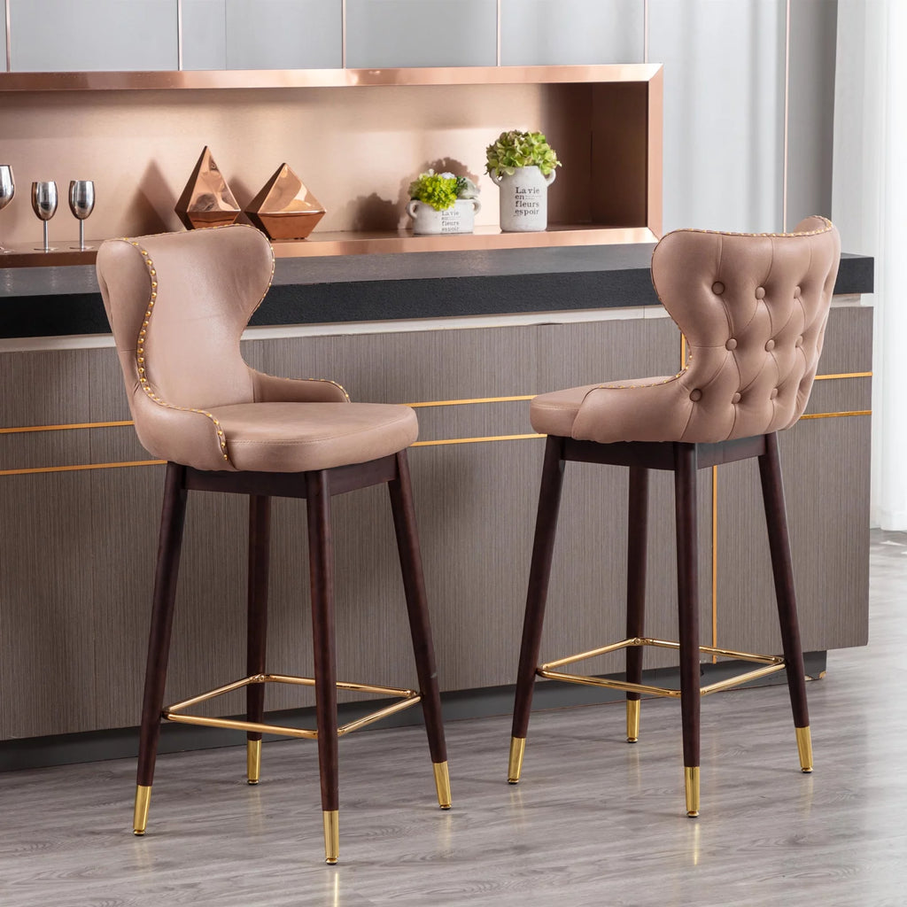 Leather Fabric Upholstered Bar Stools with Backs and Solid Wood Legs, Set of 2 E213089