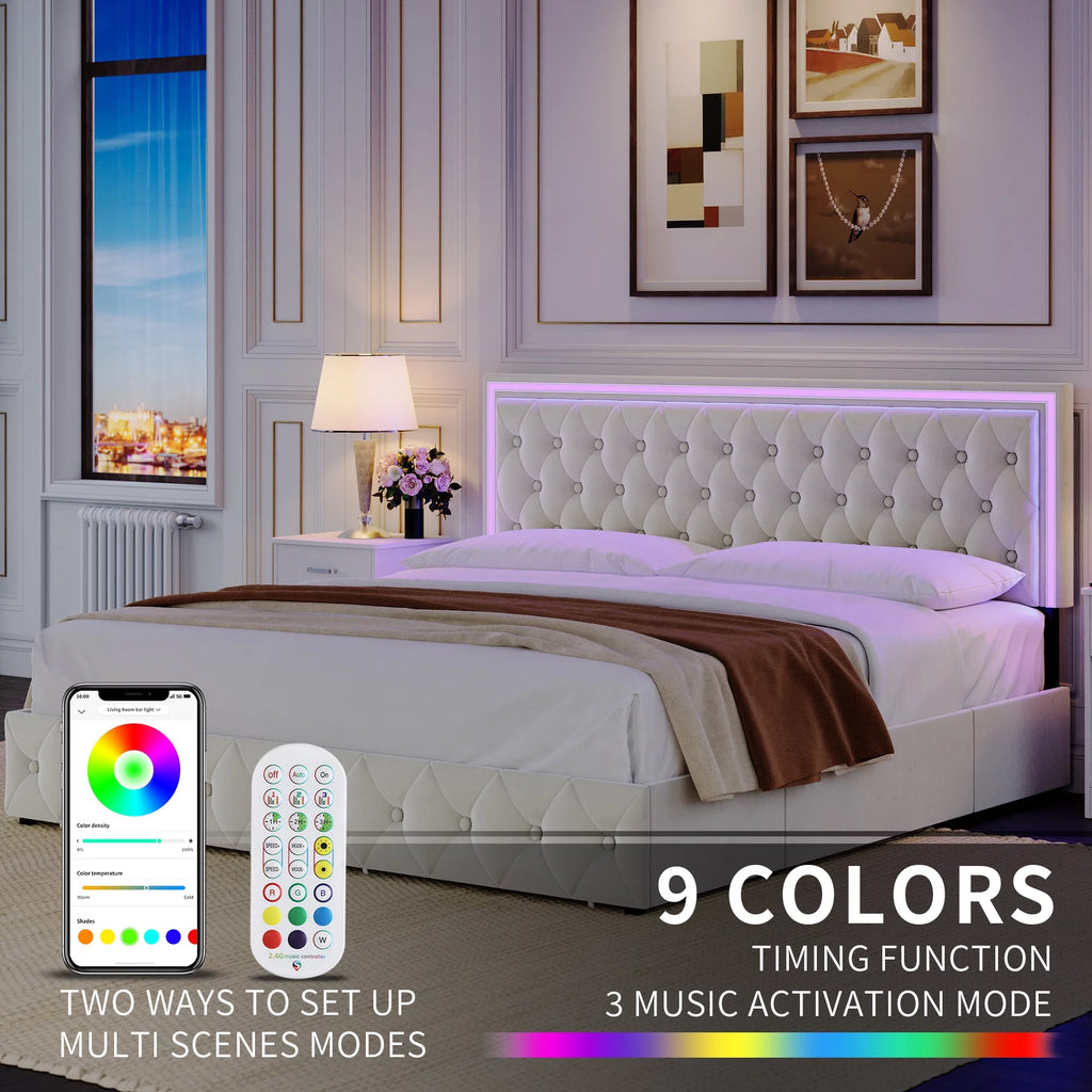 King LED Bed Frame with 4 Storage Drawers, Adjustable Velvet Upholstered Headboard G3481