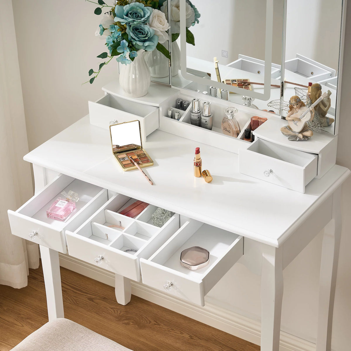 White Vanity Set with Mirror Stool and Drawers R5930