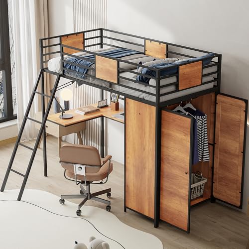 Black Twin Loft Bed with Desk and Storage U482