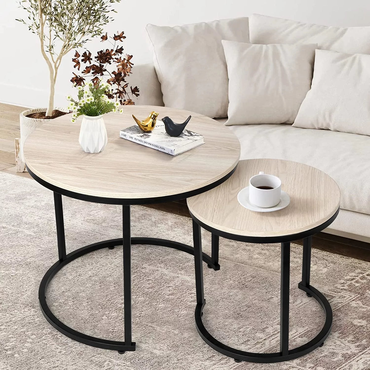 Small Round Coffee Table Set of 2 White Marble T7749