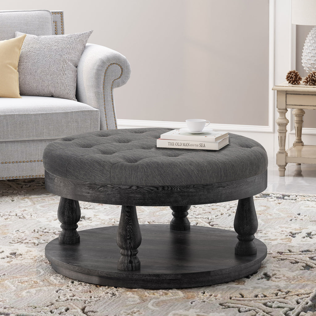 Charcoal Gray Fabric and Wood Ottoman X664