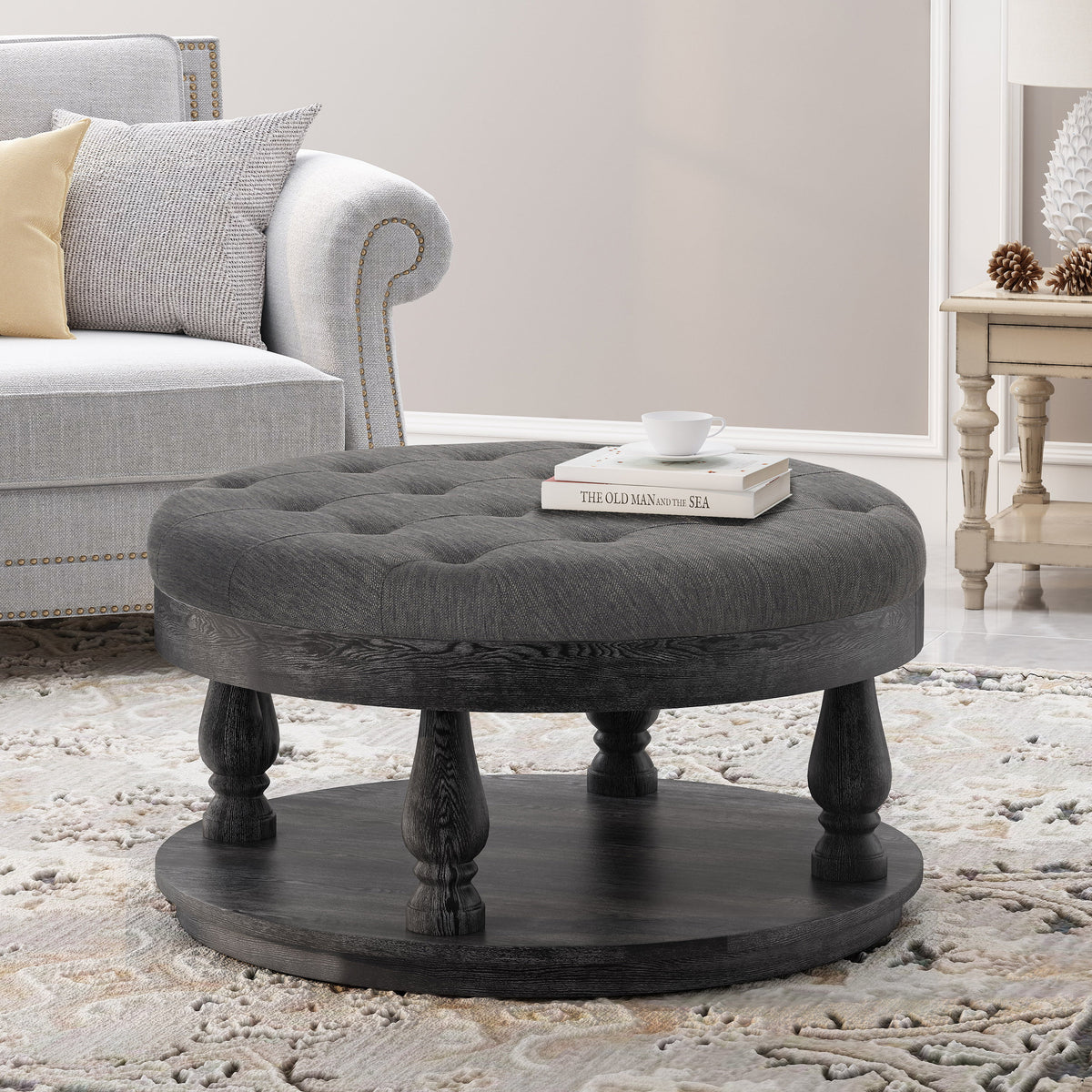 Charcoal Gray Fabric and Wood Ottoman X664