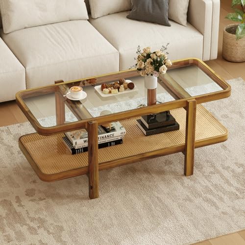 47.5" Rectangle Solid Wood Coffee Table with Tempered Glass Tabletop T3752