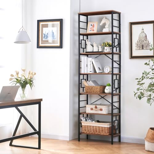 84 Inch 7 Tier Brown Bookshelf with Metal Frame and Open Shelves D55805