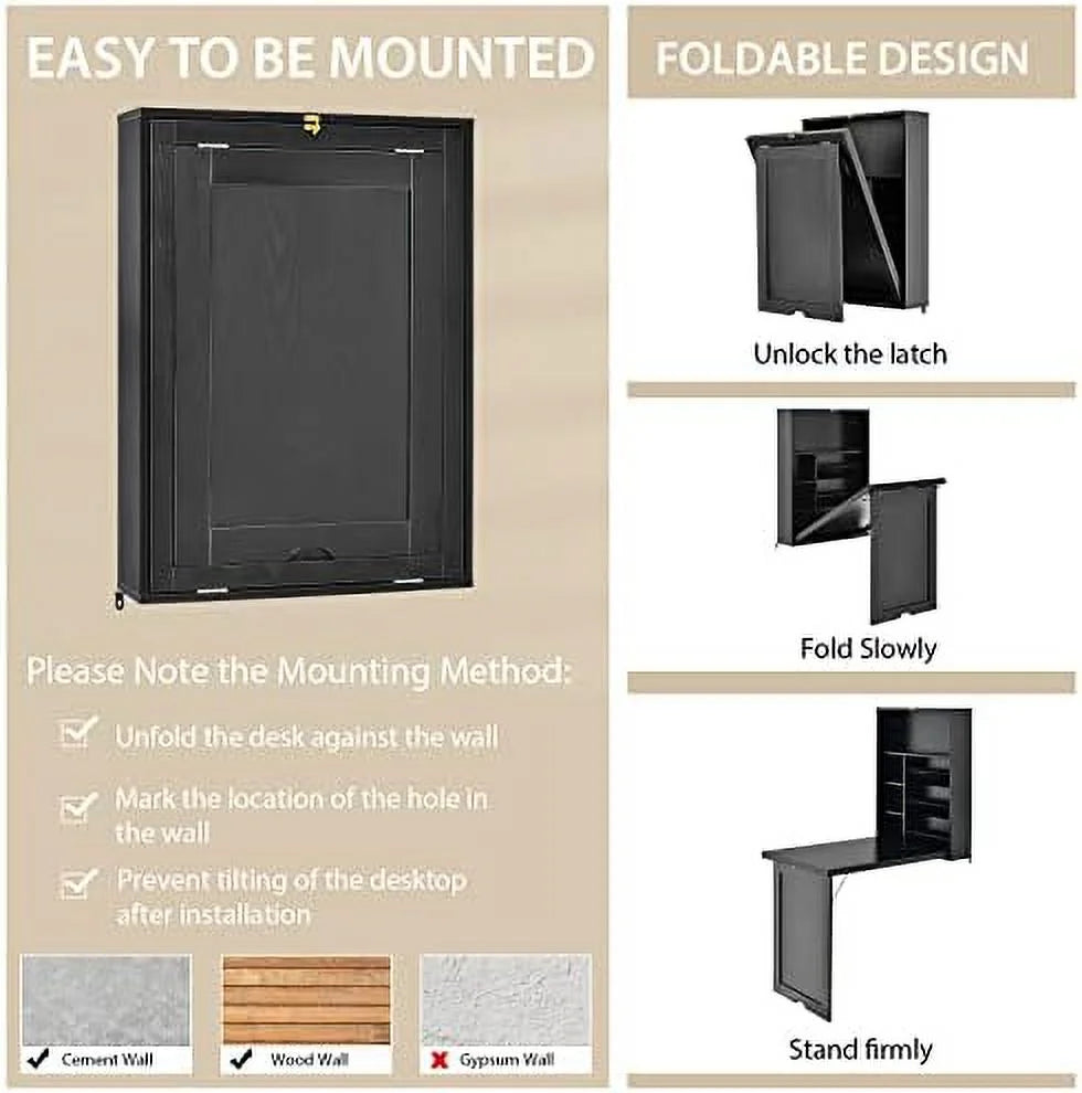Wall Mounted Foldable Wood Desk with Bookshelf Cabinet Q75291