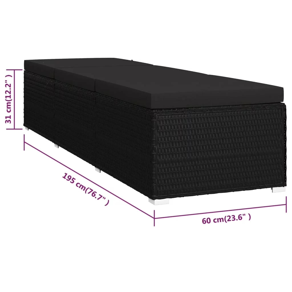 Black Poly Rattan Sun Lounger with Cushion V83577
