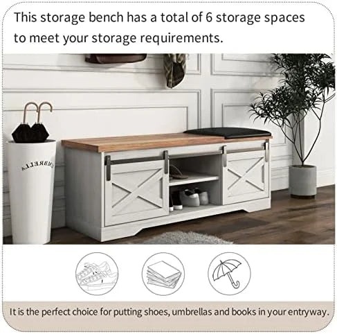 42” Rustic Solid Wood Shoe Bench with Linen Cushion R243736