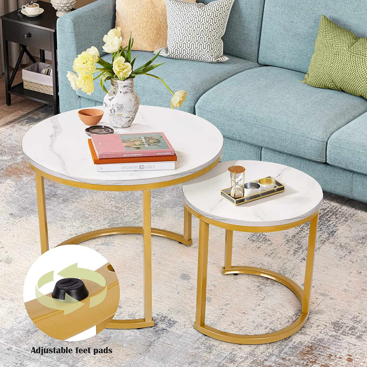Small Round Coffee Table Set of 2 White Marble T7749