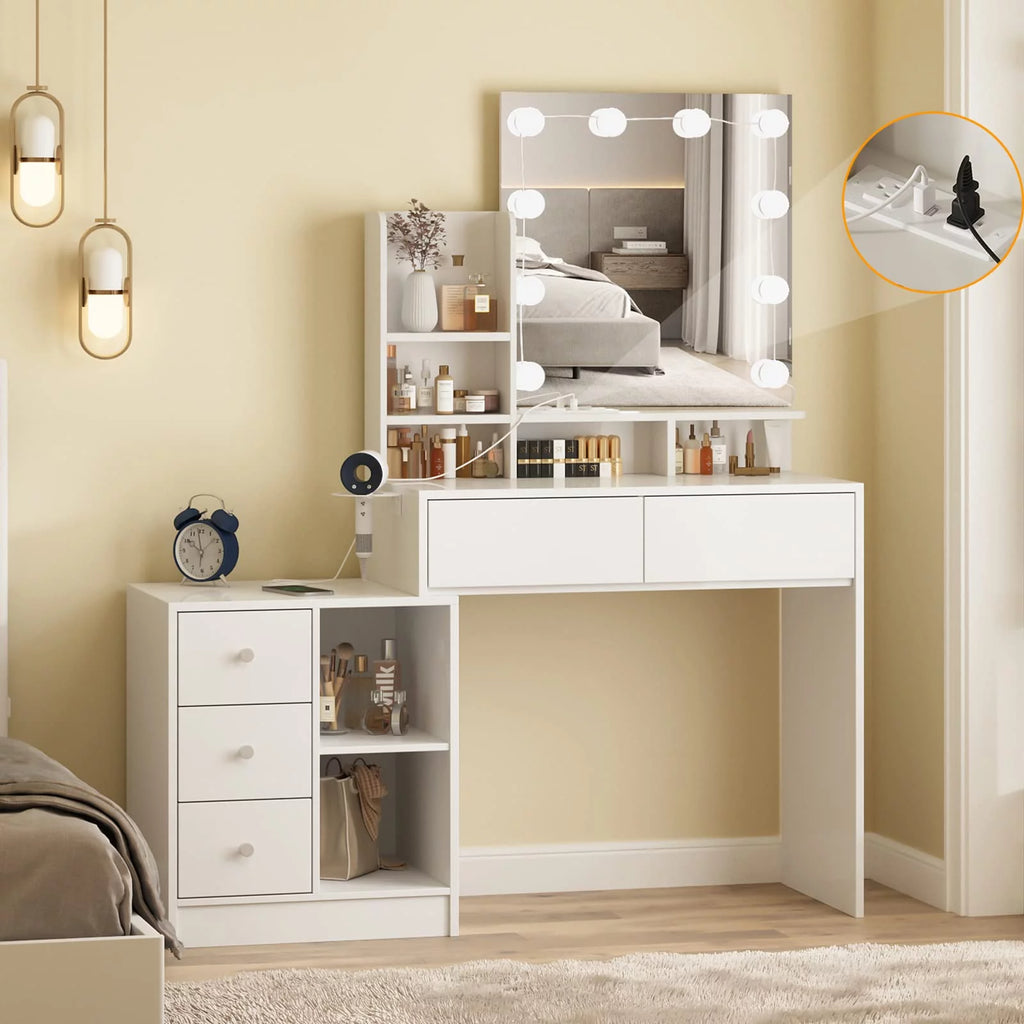 White Makeup Vanity with Lights and Mirror F69235
