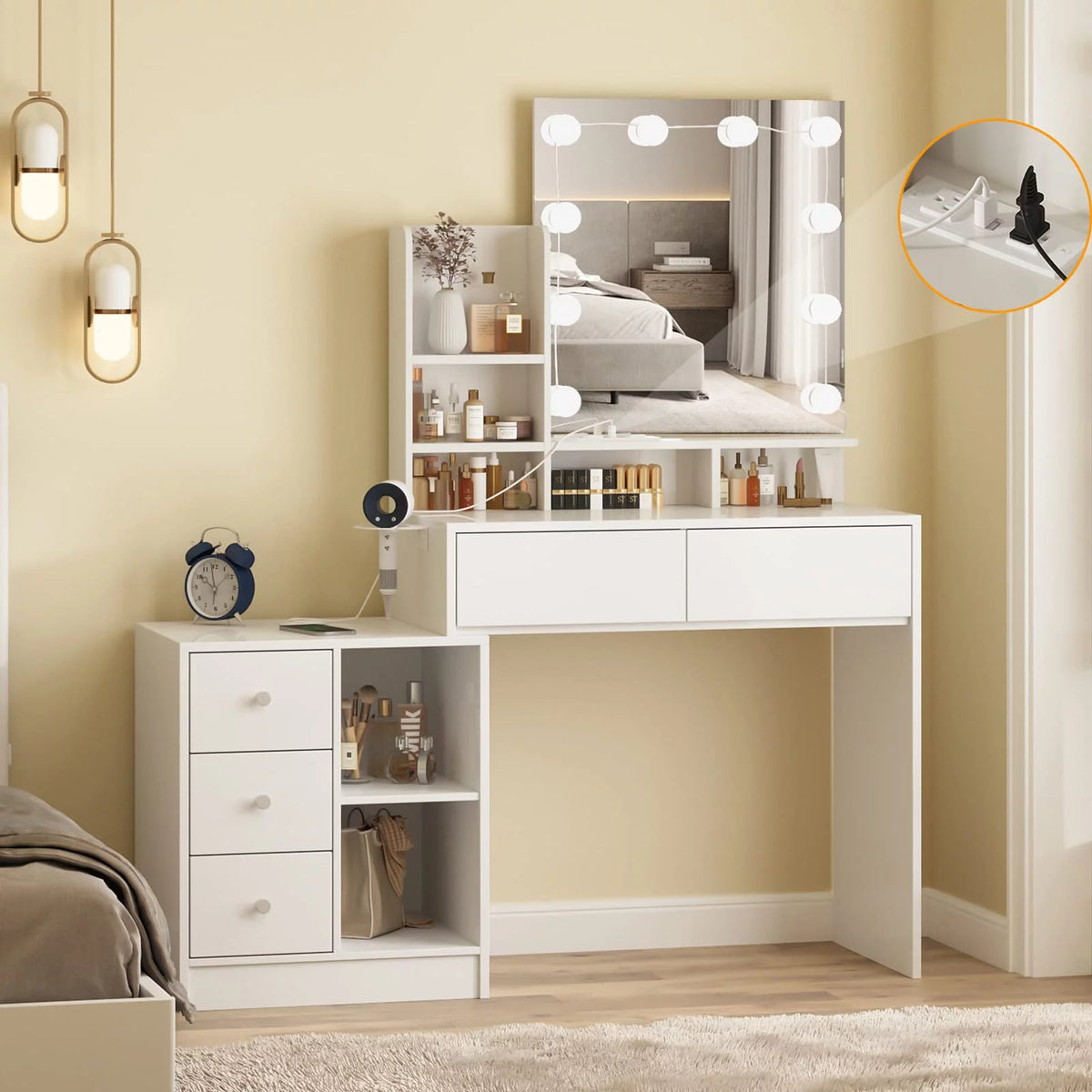 White Makeup Vanity with Lights and Mirror F69235
