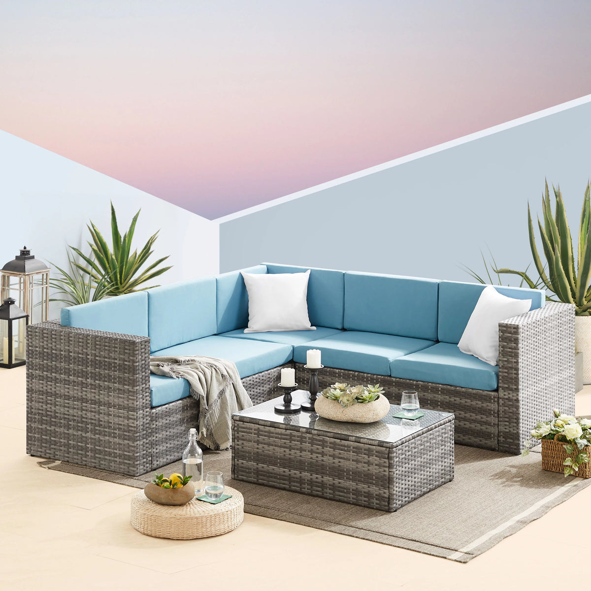 5 Pieces Rattan Wicker Outdoor Furniture Set with Glass Table B330