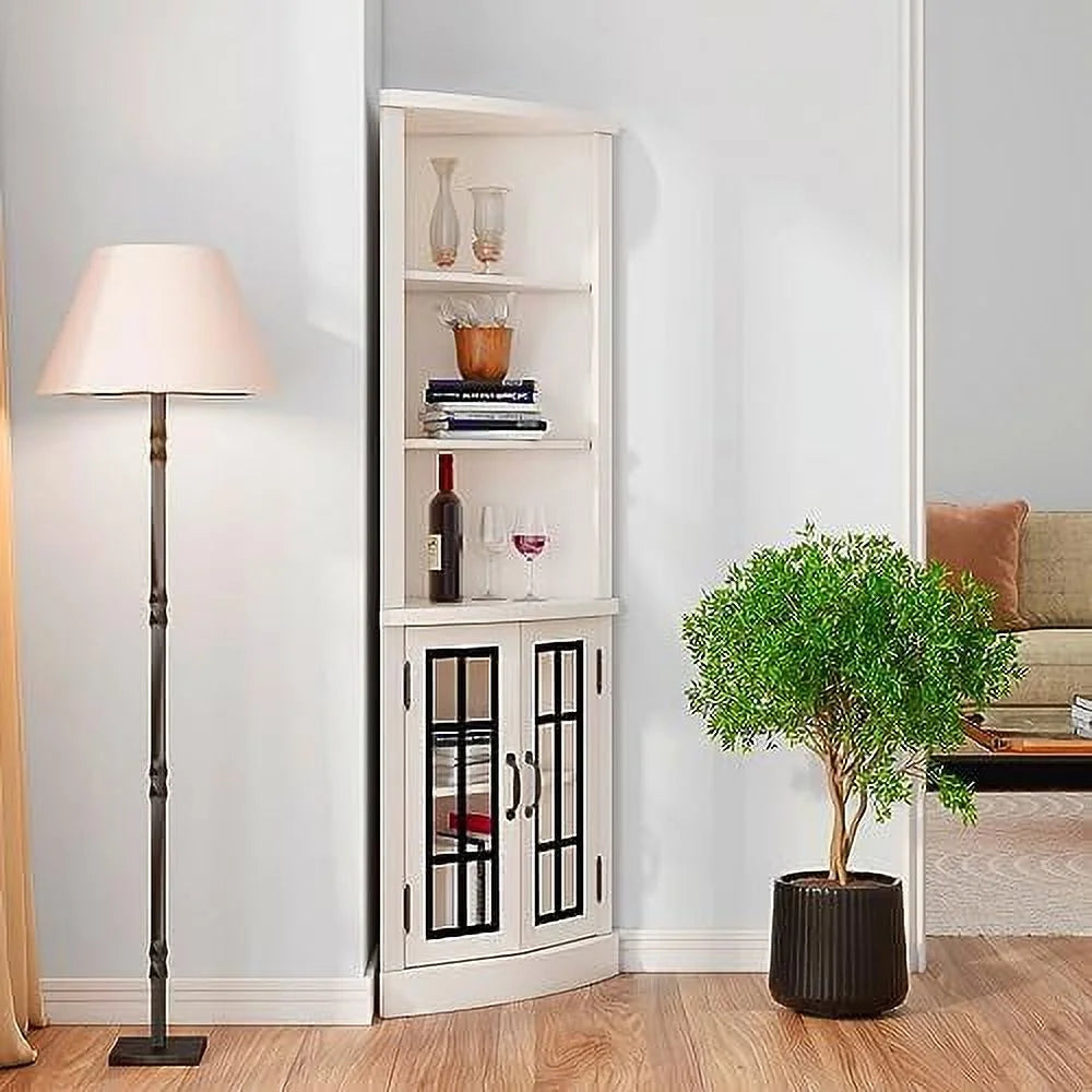 Washed Grey 5-Tier Corner Cabinet with Glass Doors F972