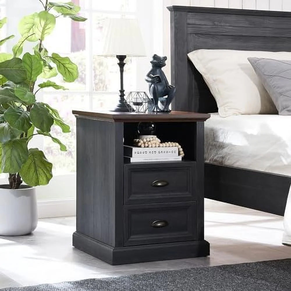 Dark Grey 2 Drawer Wood Nightstand with Charging Station F3279