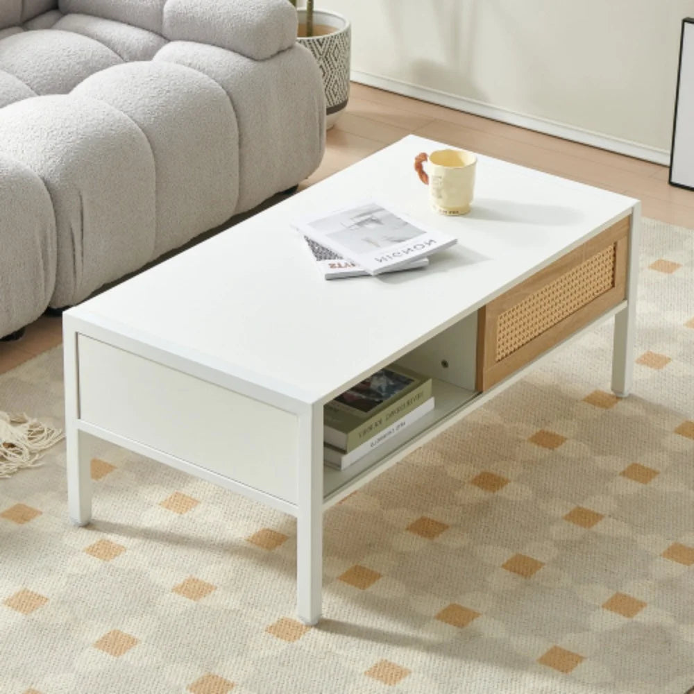 40.16" White Rattan Coffee Table with Storage J77938