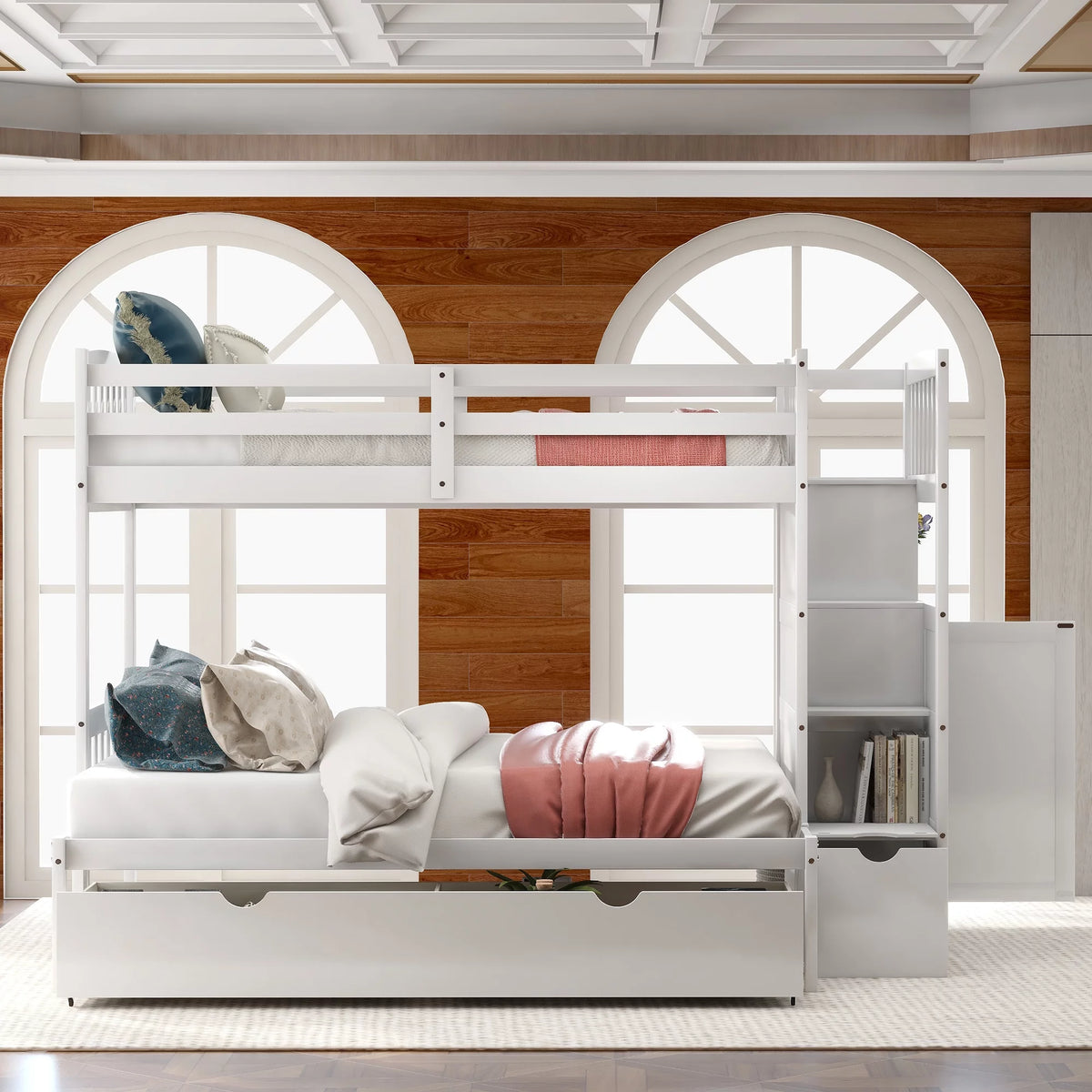 White Twin over Twin Bunk Bed with Drawer and Cabinet G7120