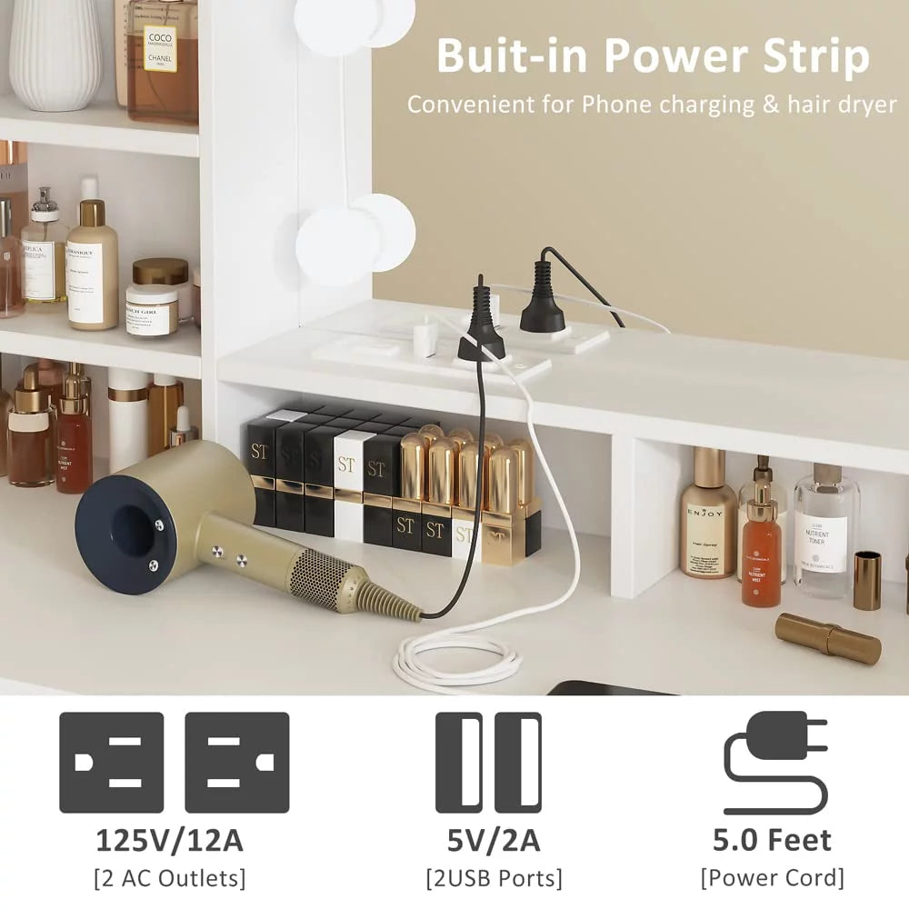 White Makeup Vanity with Lights and Mirror F69235