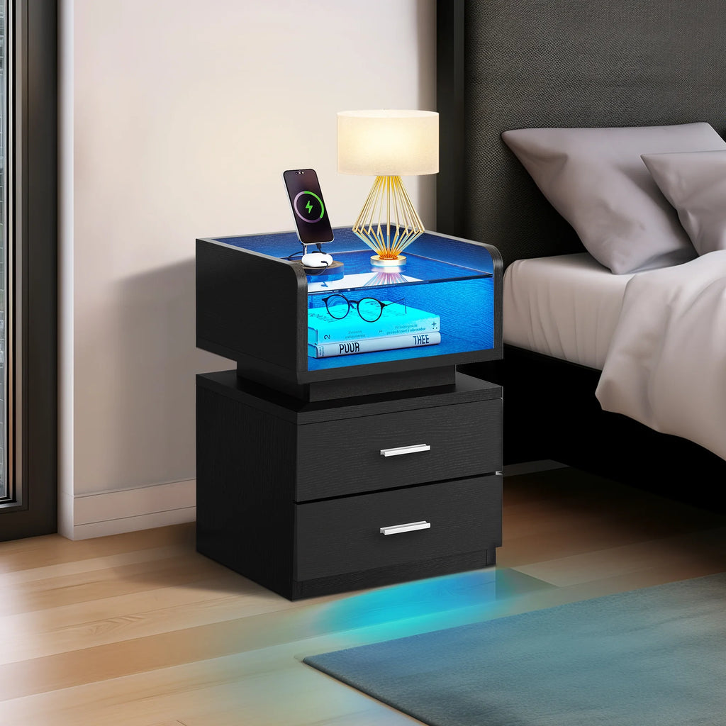 Black LED Nightstand with Charging Station R716