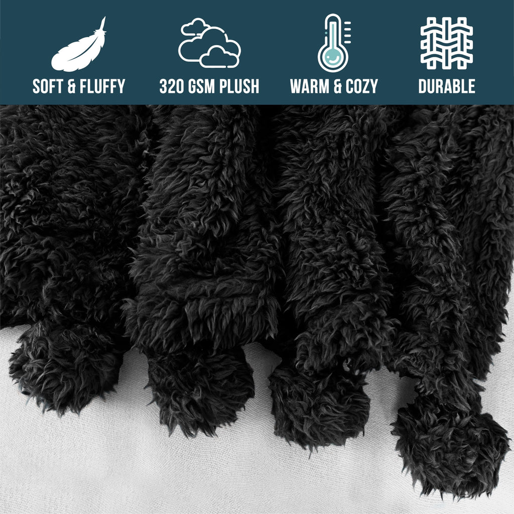Black Sherpa Throw Blanket with Pom Pom Fringe 50x60 in Y10103
