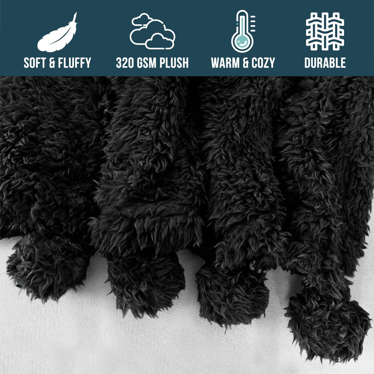 Black Sherpa Throw Blanket with Pom Pom Fringe 50x60 in Y10103