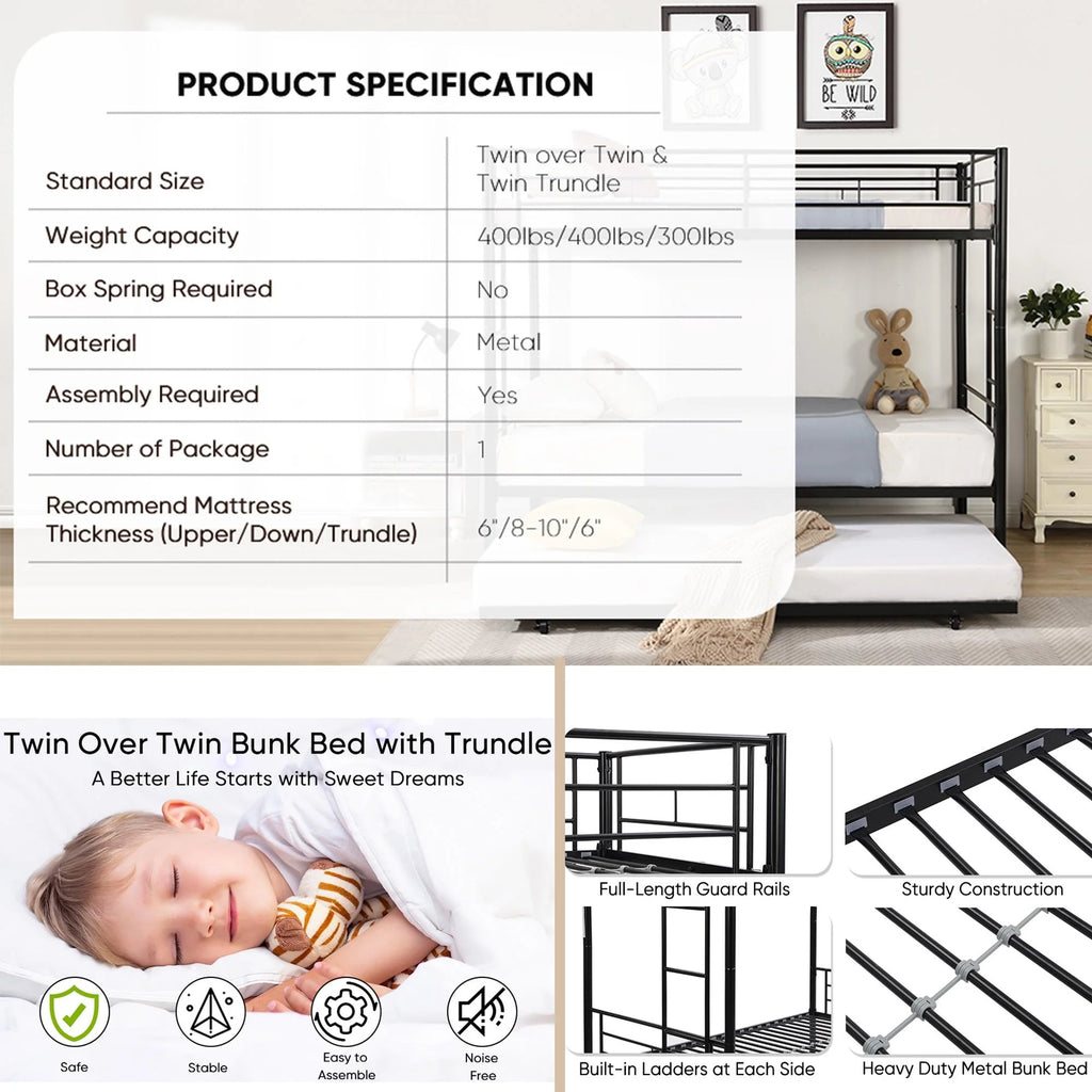 Black Twin Over Twin Metal Bunk Bed with Trundle and Safety Rails V8937